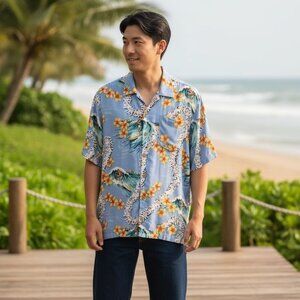 Vintage Tommy Bahama Mens L Shirt Hawaiian Blue Floral Short Sleeve